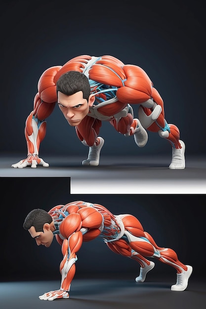 3D-Anatomie eines Mannes, der Pushups macht