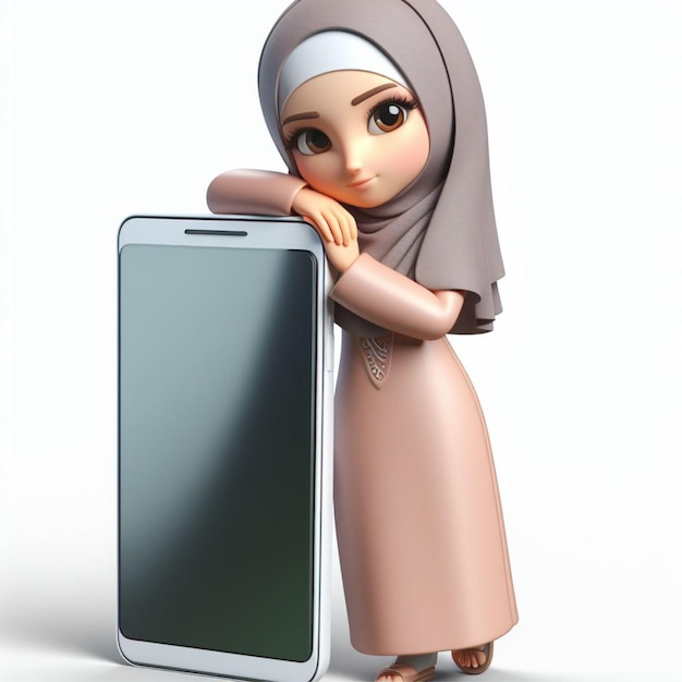 3D-Animation einer Frau, die sich auf ein großes Handy lehnt