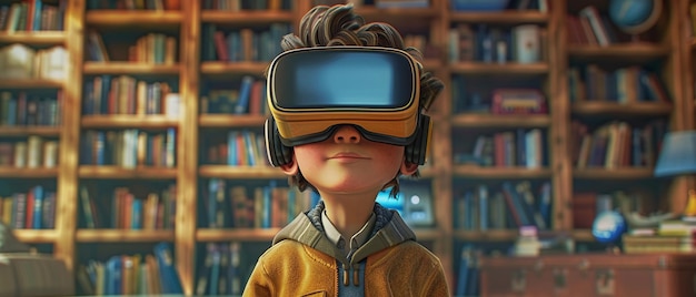 3D-Animation eines Schülers, der virtuelle Realität für das Lernen verwendet, die immersives und interaktives Lernen zeigt