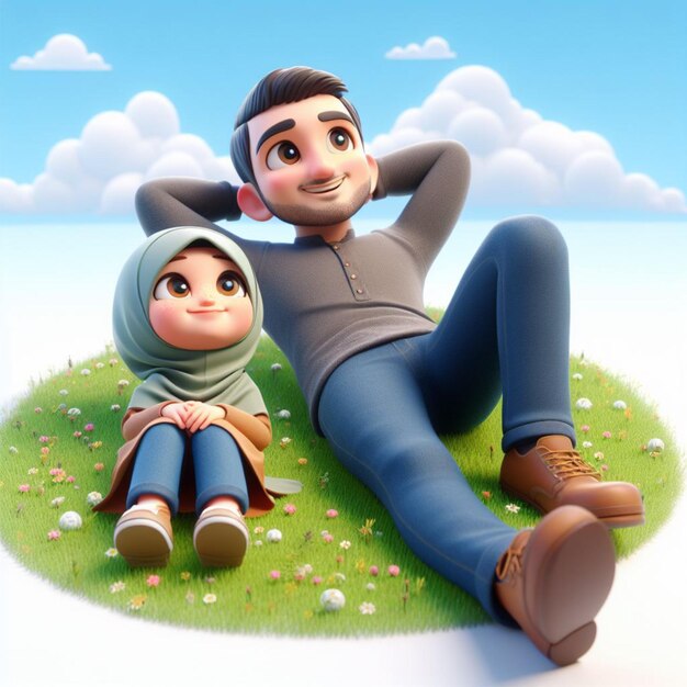 3D-Animation Vater und Tochter liegen auf dem Gras