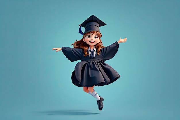 3D-Animationsstil fröhlich springendes süßes Studentenmädchen mit Abschlusshut ai generativ