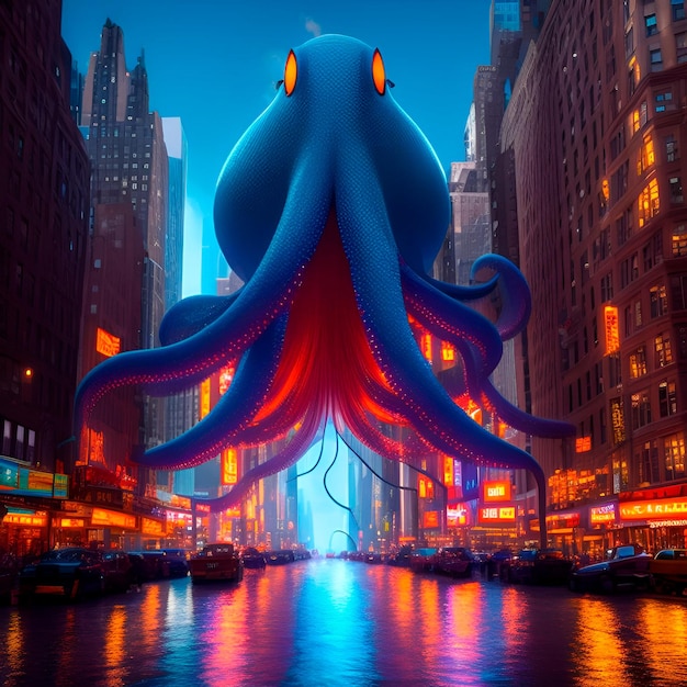 3D Anime blauer Oktopus in der Stadt