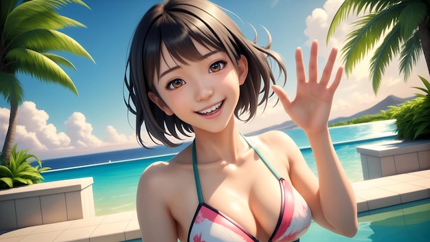 Foto 3d-anime japanisches mädchen trägt bikini, sonnt sich und posiert in schwimmbadbildern, die mit ki generiert werden