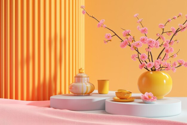 3d Año Nuevo Chino sobre nubes flotantes de color dorado con linternas colgantes en el fondo Feliz Año Nuevo