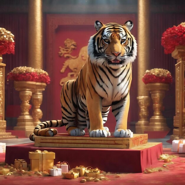 Foto 3d año del tigre 3d renderización tigre y podio con mucho dinero y regalos detrás