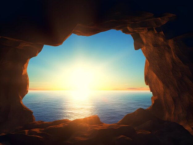 Foto 3d-ansicht von einer höhle zu einer sonnenuntergang-ozeanlandschaft