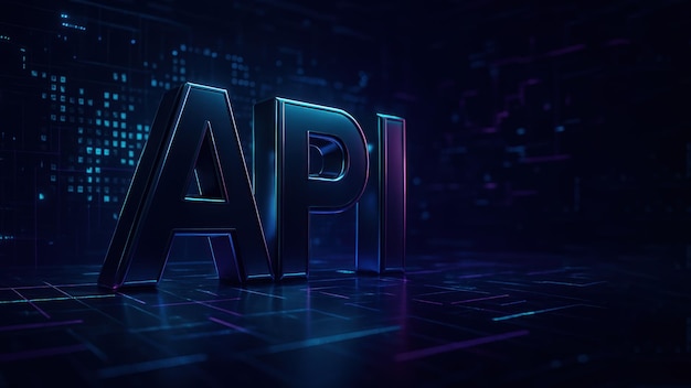 A 3d api text in bold metallic letters set surrounded by a glowing grid and abstract patterns application programming interface api api programming