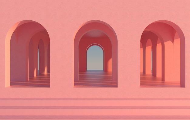 3d Arco pasillo rosa fondo geométrico corredor arco columnas pared vacía antigua vivienda Banner