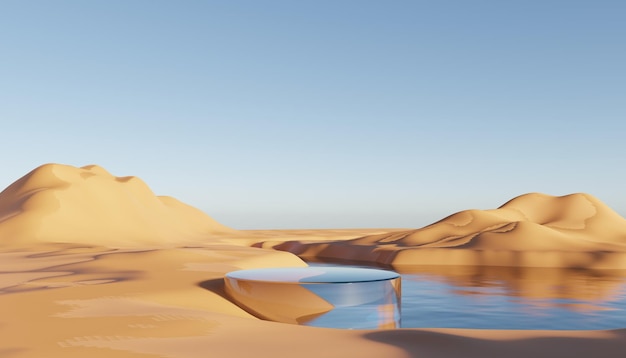 3d areia abstrata da duna com suporte metálico do pódio fundo da paisagem natural do deserto surreal