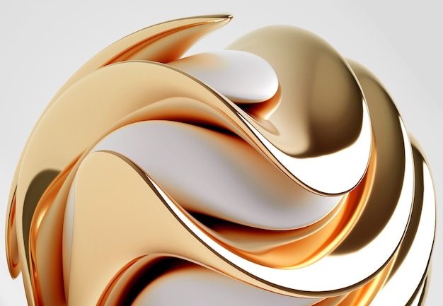 3d de arte abstracto con parte de elegancia surrealista objeto esférico en curva orgánica formas de líneas biológicas onduladas redondas en plástico blanco mate y material metálico de oro amarillo brillante