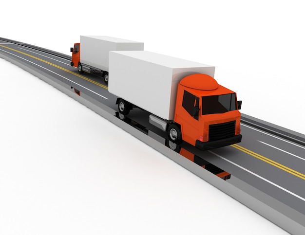 3D-Auto-LKW auf der Straße. 3D gerenderte Darstellung