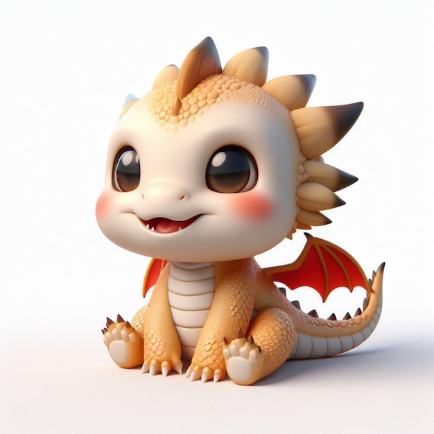 3D Baby Chibi Dragon Cute e Adorável Ele está sentado e seu rosto está sorrindo