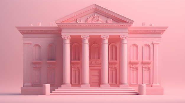 3D de un banco rosa con grandes columnas