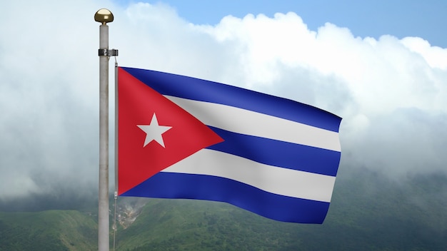 3d, bandeira cubana balançando no vento na montanha. bandeira de cuba soprando, seda macia e lisa. fundo de estandarte de textura de tecido de pano. use-o para o dia nacional e o conceito de ocasiões do país.