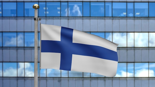 3D, bandeira da Finlândia balançando no vento com a cidade de arranha-céus modernos. Perto da bandeira da Finlândia soprando, seda macia e suave. Fundo de estandarte de textura de tecido de pano