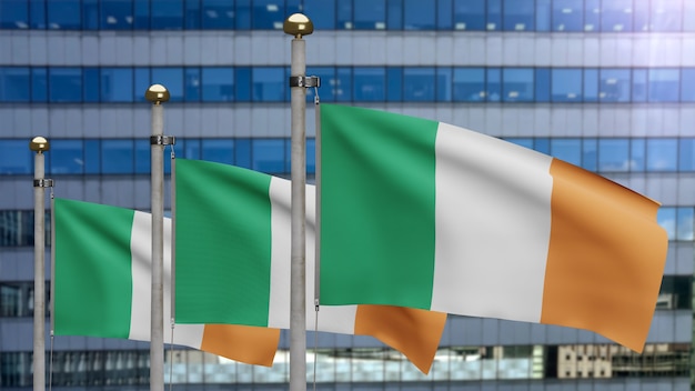 3D, bandeira da Irlanda balançando no vento com a cidade de arranha-céus modernos. Perto da bandeira irlandesa soprando, seda macia e suave. Fundo de estandarte de textura de tecido de pano. Dia nacional e conceito de ocasiões do país.
