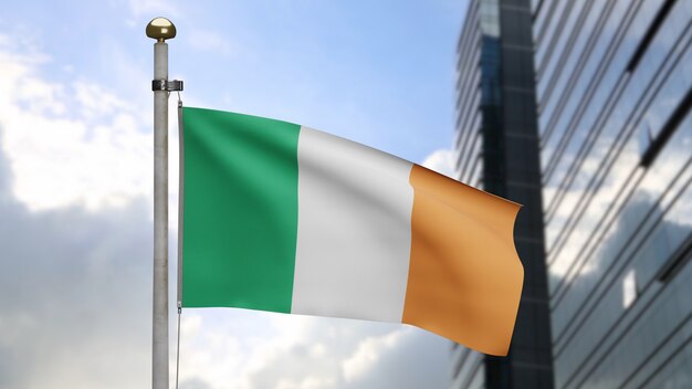 3D, bandeira da Irlanda balançando no vento com a cidade de arranha-céus modernos. Perto da bandeira irlandesa soprando, seda macia e suave. Fundo de estandarte de textura de tecido de pano. Dia nacional e conceito de ocasiões do país.