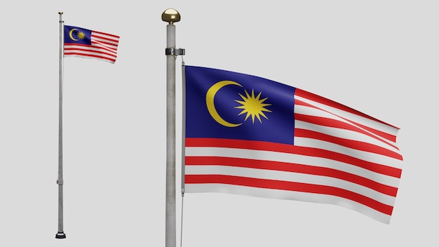 3d, bandeira da malásia balançando ao vento. perto da bandeira da malásia soprando, seda macia e suave. fundo de estandarte de textura de tecido de pano. use-o para o dia nacional e o conceito de ocasiões do país.