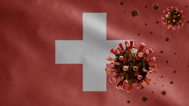 3D, bandeira da Suíça acenando com surto de coronavírus infectando o sistema respiratório como uma gripe perigosa. Vírus covid 19 do tipo influenza com fundo de molde nacional suíço.