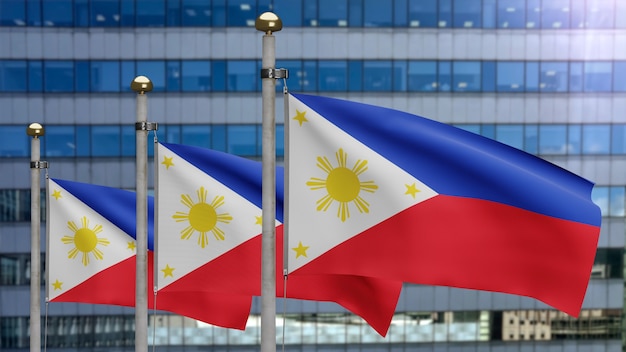 3D, bandeira das Filipinas balançando no vento com a cidade de arranha-céus modernos. Bandeira filipina soprando seda macia. Fundo de estandarte de textura de tecido de pano. Use-o para o dia nacional e o conceito de ocasiões do país.