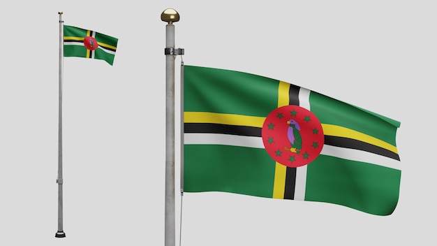 3D, bandeira dominicana balançando com o vento. Feche acima da bandeira de Dominica soprando, seda macia e suave. Fundo de estandarte de textura de tecido de pano. Use-o para o dia nacional e o conceito de ocasiões do país.