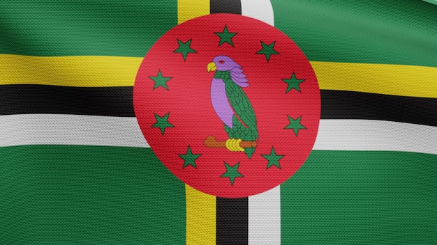 3D, bandeira dominicana balançando com o vento. Feche acima da bandeira de Dominica soprando, seda macia e suave. Fundo de estandarte de textura de tecido de pano.