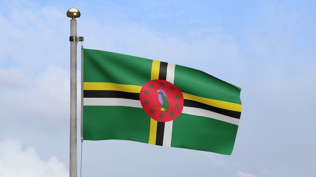 3D, bandeira dominicana balançando no vento com céu azul e nuvens. Bandeira da Dominica soprada, seda macia e lisa. Fundo de estandarte de textura de tecido de pano. Use-o para o dia nacional e o conceito de ocasiões do país