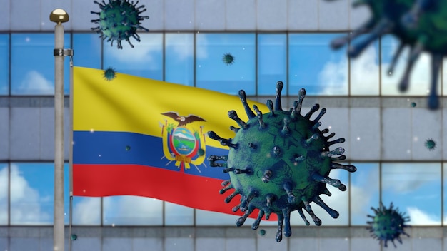 3D, bandeira equatoriana acenando com a cidade de arranha-céus modernos e o conceito de Coronavirus 2019 nCov. Surto asiático no Equador, coronavírus influenza tanto casos de cepa de gripe perigosos quanto pandêmicos. Vírus Covid19