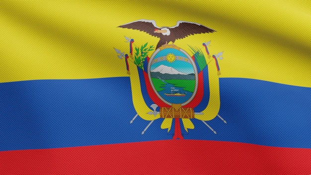 3D, bandeira equatoriana balançando com o vento. Perto da bandeira do Equador soprando, seda macia e suave. Fundo de estandarte de textura de tecido de pano. Use-o para o dia nacional e o conceito de ocasiões do país.