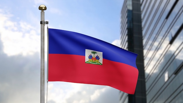 3D, bandeira haitiana balançando no vento com a cidade de arranha-céus modernos. Bandeira do Haiti soprada, seda macia e suave. Fundo de estandarte de textura de tecido de pano. Use-o para o dia nacional e o conceito de ocasiões do país.