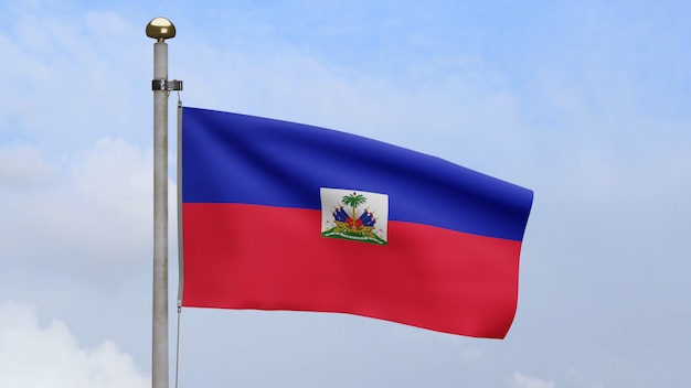 3D, bandeira haitiana balançando no vento com céu azul e nuvens. Bandeira do Haiti soprada, seda macia e suave. Fundo de estandarte de textura de tecido de pano. Use-o para o dia nacional e o conceito de ocasiões do país.