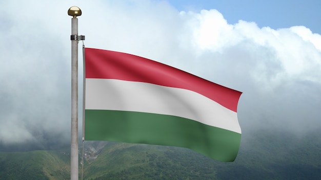 3D, bandeira húngara balançando com o vento na montanha. Bandeira da Hungria soprando, seda macia e lisa. Fundo de estandarte de textura de tecido de pano. Use-o para o dia nacional e o conceito de ocasiões do país.