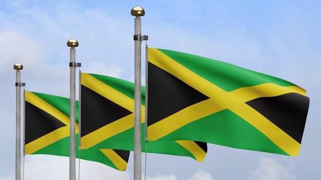 3D, bandeira jamaicana balançando no vento com céu azul e nuvens. Feche acima da bandeira da Jamaica soprando, seda macia e suave. Fundo de estandarte de textura de tecido de pano.