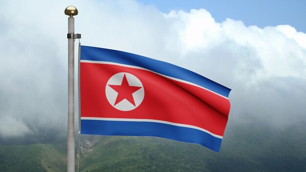 3D, bandeira norte-coreana balançando no vento na montanha com nuvens. Bandeira de Coreia soprando, seda macia e suave. Fundo de estandarte de textura de tecido de pano. Use-o para o dia nacional e o conceito de ocasiões do país.