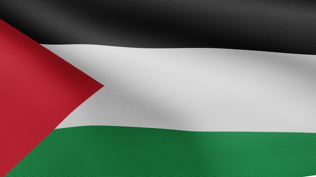 3d, bandeira palestina balançando com o vento. perto da bandeira da palestina soprando e seda lisa. fundo de estandarte de textura de tecido de pano.