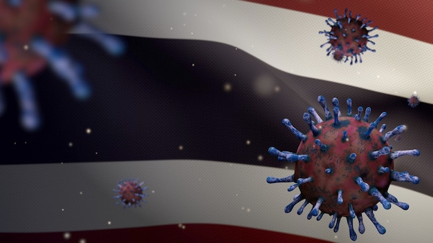 3d, bandeira tailandesa acenando com surto de coronavírus infectando o sistema respiratório como uma gripe perigosa. vírus covid 19 do tipo influenza com a bandeira nacional da tailândia soprando no fundo. conceito de risco de pandemia