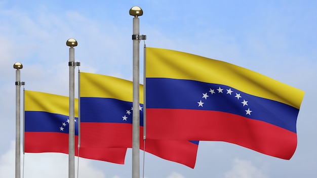 3D, bandeira venezuelana balançando no vento com céu azul e nuvens. Feche acima da bandeira da Venezuela soprando, seda macia e suave. Fundo de estandarte de textura de tecido de pano.