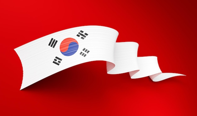 3d Bandera de Corea del Sur 3d Lenta de bandera brillante aislada sobre un fondo rojo Ilustración 3d