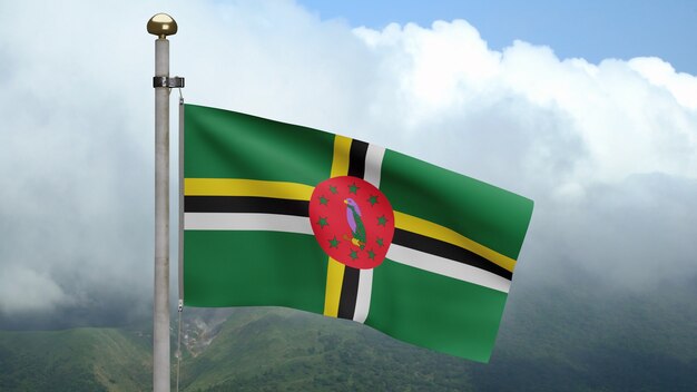 3D, bandera dominicana ondeando en el viento con cielo azul y nubes. Bandera de Dominica soplando, seda suave y lisa. Fondo de la bandera de la textura de la tela del paño. Úselo para el concepto de ocasiones de día nacional y país