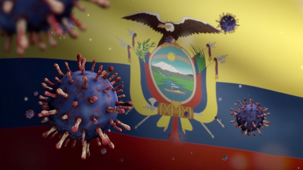 3D, bandera ecuatoriana ondeando con brote de coronavirus que infecta el sistema respiratorio como gripe peligrosa. Virus Covid 19 de influenza tipo con fondo de soplado de banner nacional de Ecuador. Concepto de riesgo pandémico