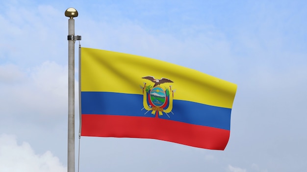 3D, bandera ecuatoriana ondeando en el viento con cielo azul y nubes. Cerca de la bandera de Ecuador que sopla, seda suave y lisa. Fondo de la bandera de la textura de la tela del paño.