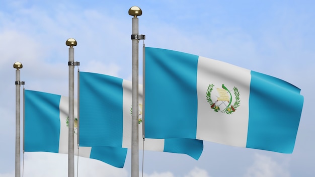 3D, bandera guatemalteca ondeando en el viento con cielo azul y nubes. Cerca de bandera de Guatemala soplando, seda suave y lisa. Fondo de la bandera de la textura de la tela del paño.