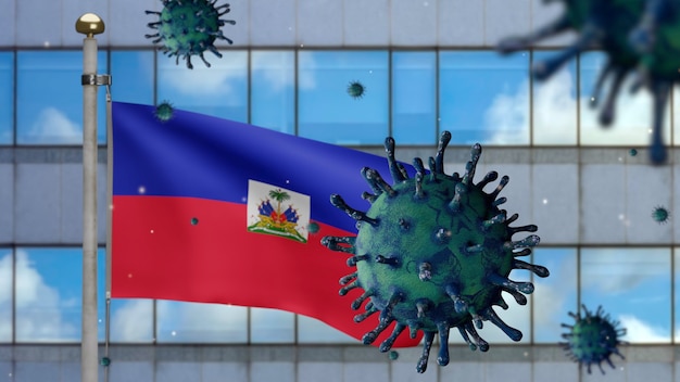 3D, bandera de Haití ondeando con una moderna ciudad de rascacielos y un brote de coronavirus como una gripe peligrosa. Virus Covid 19 de influenza tipo con la pancarta nacional de Haití en el fondo. Concepto de riesgo pandémico