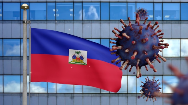 3D, bandera haitiana ondeando con una moderna ciudad de rascacielos y el concepto Coronavirus 2019 nCov. Brote asiático en Haití, los coronavirus de la influenza como casos peligrosos de la cepa de la gripe como una pandemia. Virus Covid19
