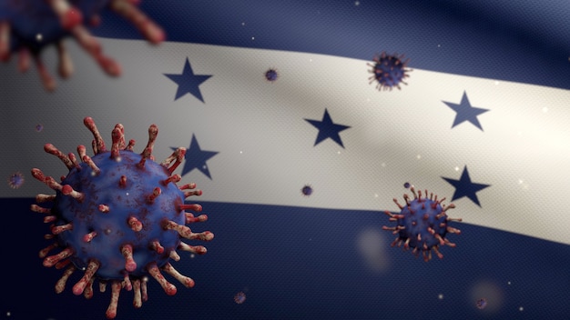 3D, bandera hondureña ondeando con un brote de coronavirus que infecta el sistema respiratorio como una gripe peligrosa. Virus Covid 19 de influenza tipo con fondo de bandera nacional de Honduras. Concepto de riesgo pandémico