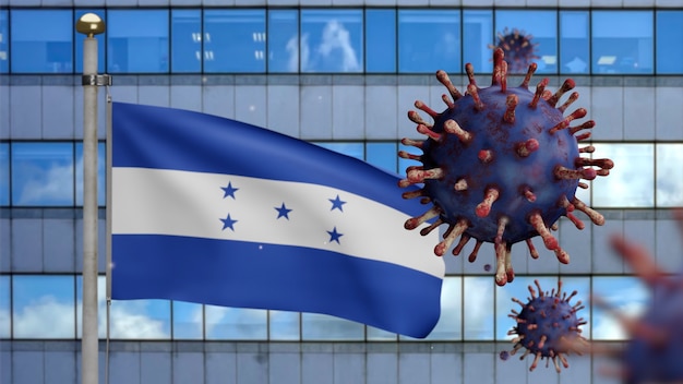 3D, bandera hondureña ondeando con una moderna ciudad de rascacielos y un brote de coronavirus como una gripe peligrosa. Virus Covid 19 de influenza tipo con fondo de bandera nacional de Honduras. Concepto de riesgo pandémico