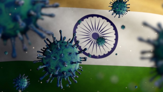 3D, bandera india ondeando y concepto nCov de Coronavirus 2019. Brote asiático en la India, los coronavirus de la influenza como casos de cepas de gripe peligrosas como una pandemia. Microscopio virus Covid19 de cerca.