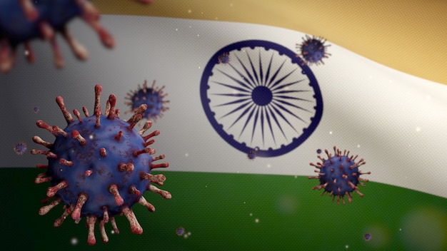 3D, bandera india ondeando y concepto nCov de Coronavirus 2019. Brote asiático en la India, los coronavirus de la influenza como casos de cepas de gripe peligrosas como una pandemia. Microscopio virus Covid19 de cerca.