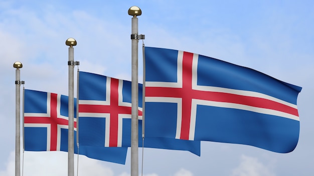 3D, bandera de Islandia ondeando en el viento con cielo azul y nubes. Bandera de Islandia que sopla, seda suave y lisa. Fondo de la bandera de la textura de la tela del paño.