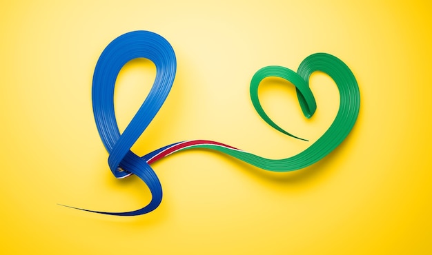 3d bandera de namibia país 3d ondulado cinta de conciencia en forma de corazón sobre fondo amarillo